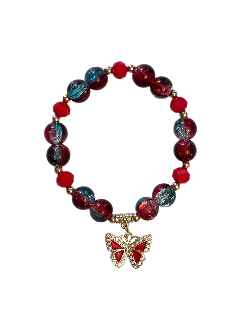 Butterfly Charm Red & Teal Beaded Bracelet with Gold